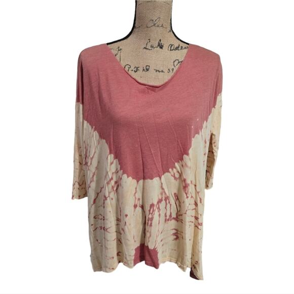 Free people Orange‎ and Tan Tie Dye 3/4 Sleeve Oversized Shirt Size Small - Picture 1 of 5